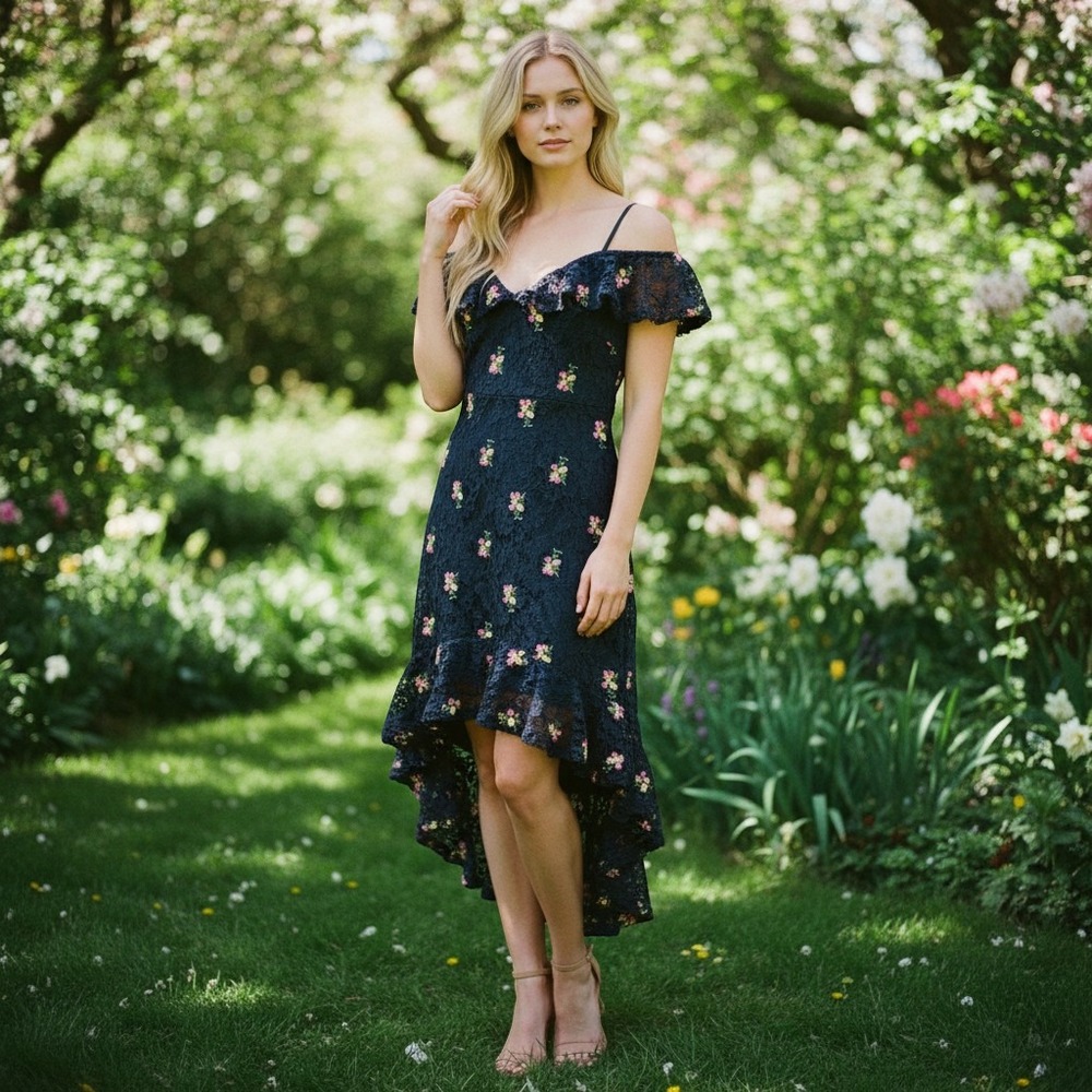 INA Floral Embroidered Lace Off Shoulder‎ Dress Womens Size M Navy Blue High Low